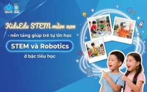 Nội dung điền: Banner giới thiệu KidsEdu STEM mầm non - nền tảng giúp trẻ tự tin học STEM và Robotics ở bậc tiểu học, minh họa các bé vui vẻ trải nghiệm thực tế ảo VR và robot.